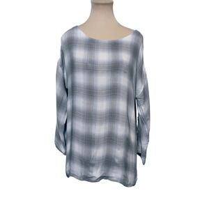 Soft Surroundings Womens Tunic M Blue White Plaid Button Sleeve Herringbone